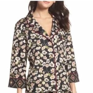 BED TO BRUNCH Cherry Blossom Print Button Front Pajama Top Blouse M Black